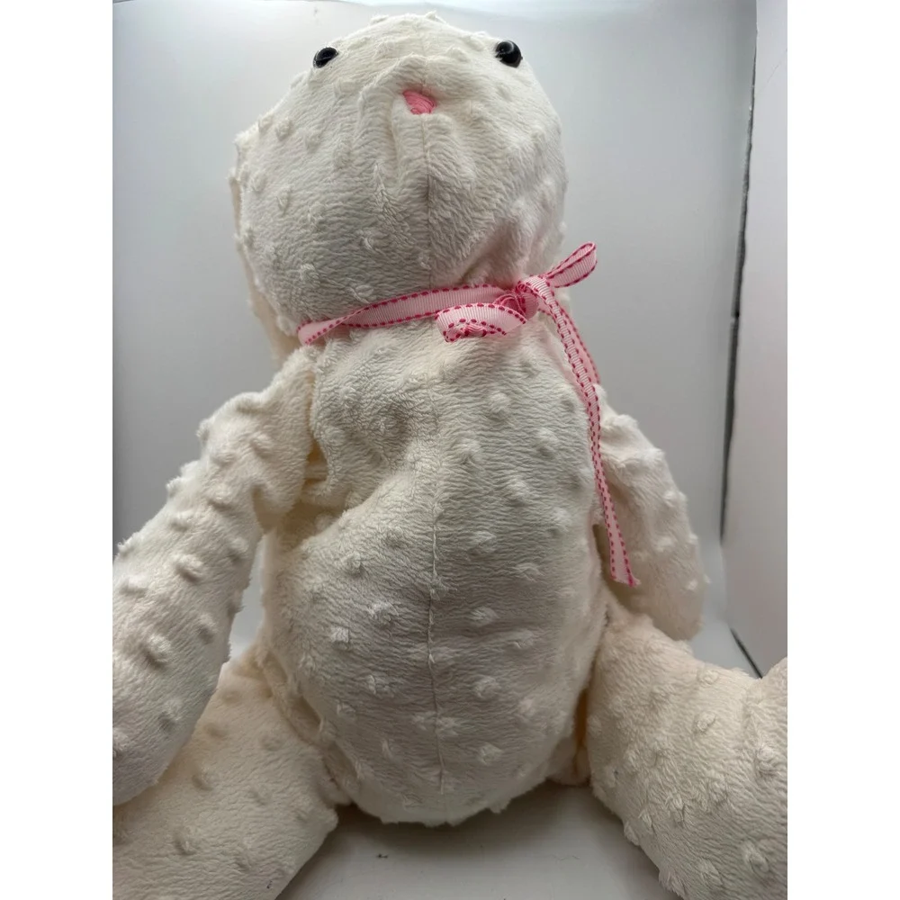 Cream Textured Bunny Rabbit Plush Stuffed Animal Pink Ribbon‎ Accent